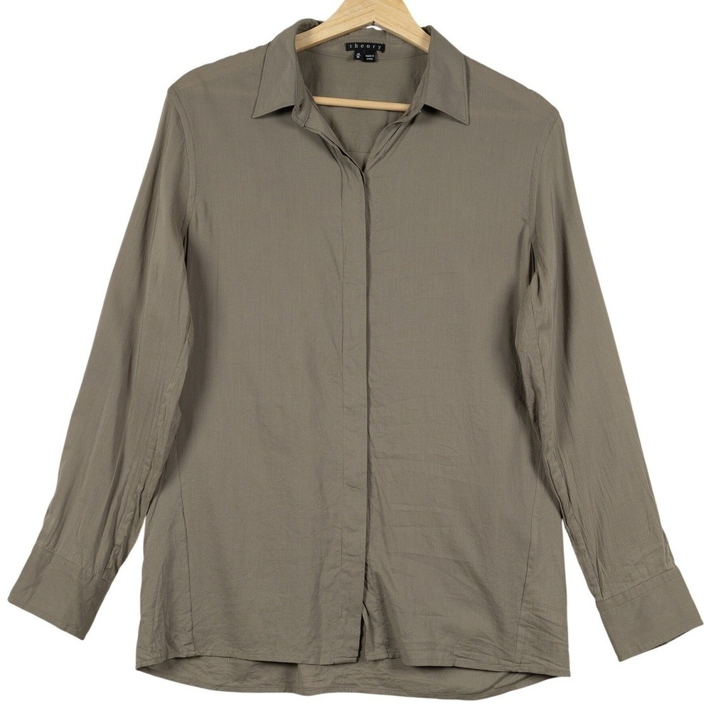 Theory Taupe Button-Front Long Sleeve Shirt